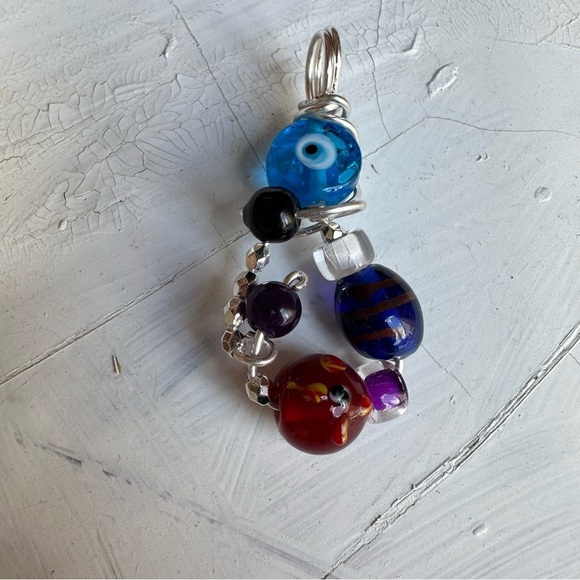 Evil eye necklace pendant OOAK Art to wear handmade assemblage Beaded 2204 S - Picture 7 of 7